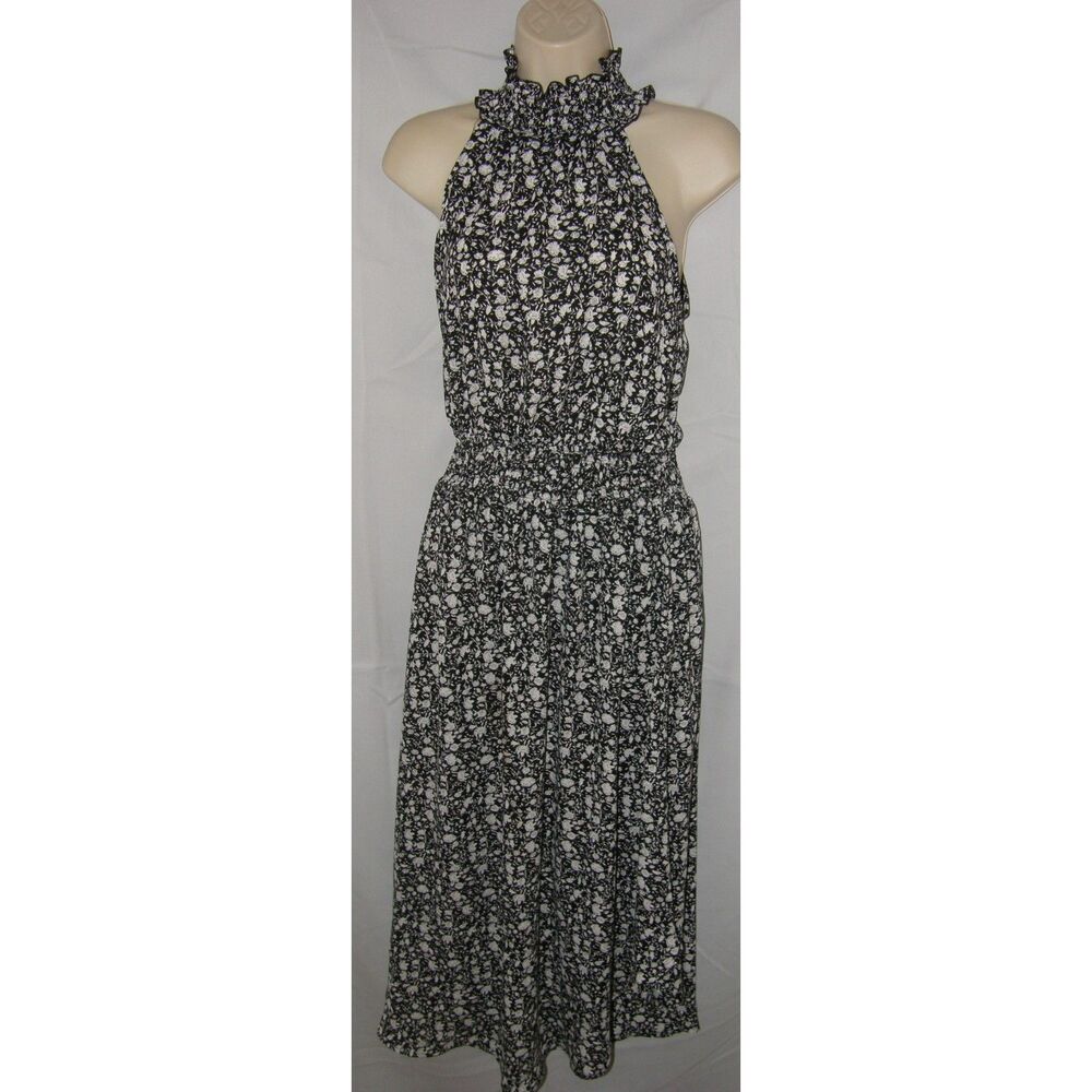 Black Ditsy Floral Sz Small Sleeveless High Neck Flowy Midi Dress BEACON APPAREL